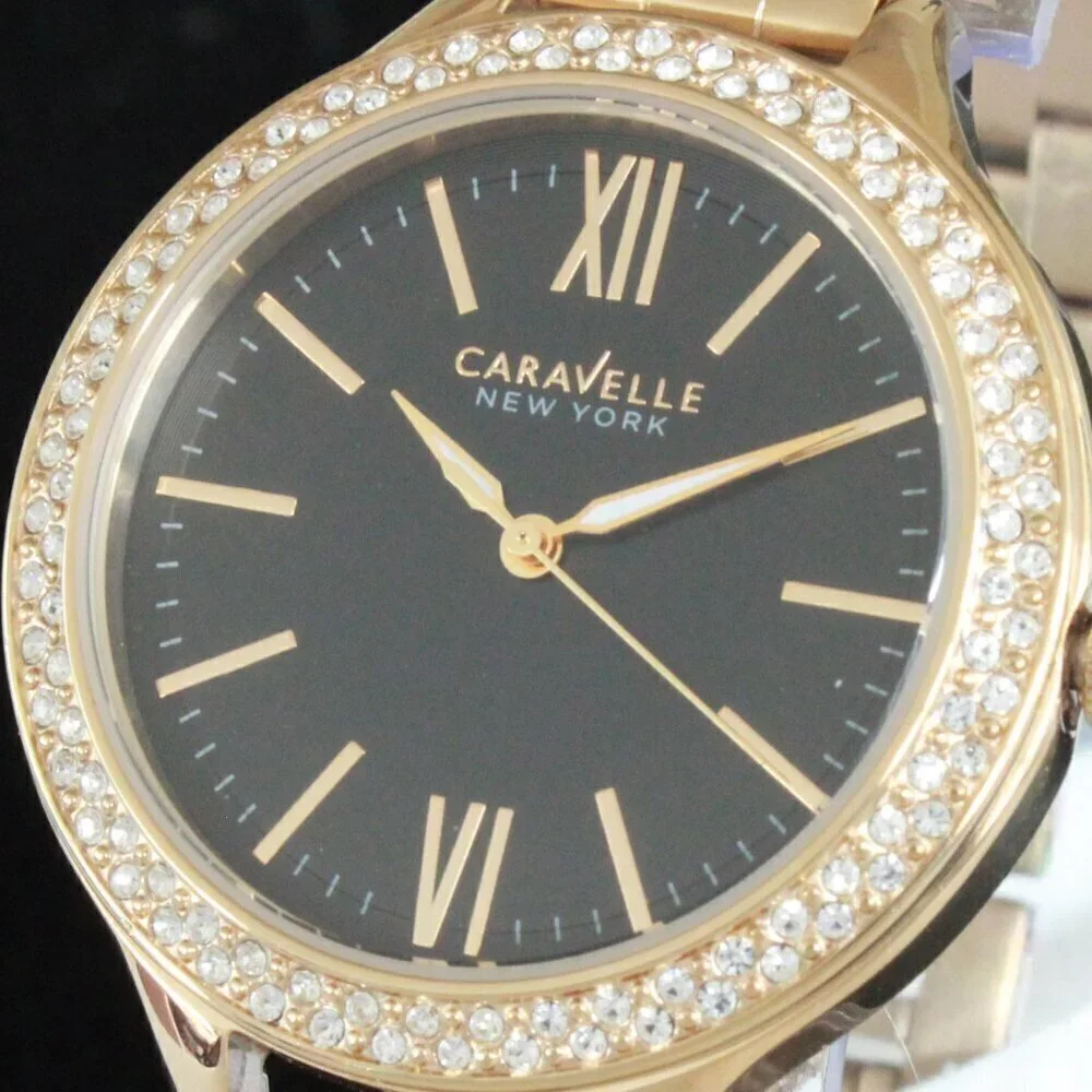 Caravelle New York Ladies Casual Watch Swarovski Crystal Bezel Gold Tone 37mm